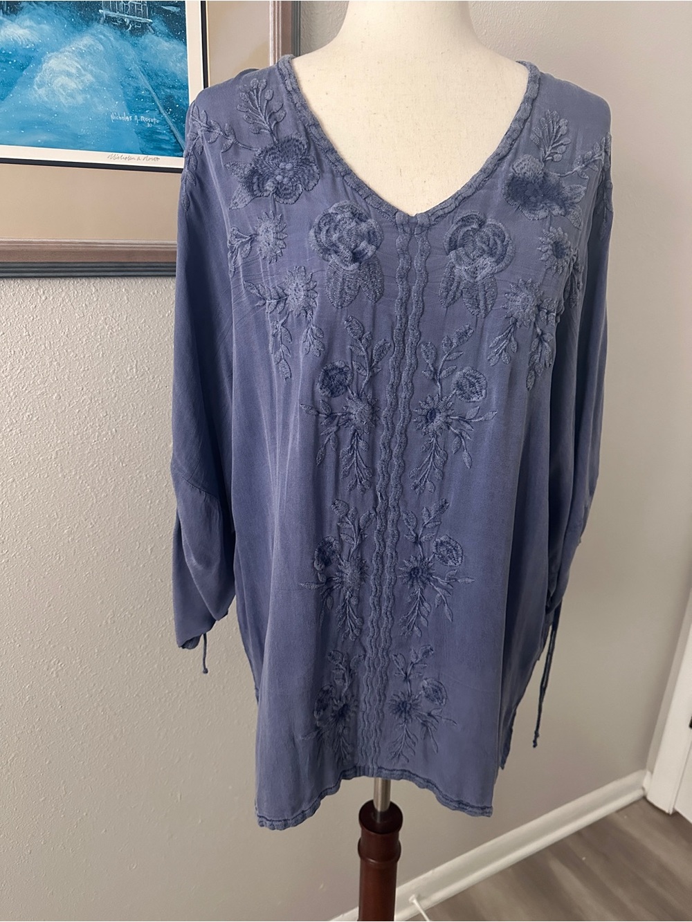 Embroidered V-Neck Tunic in Dusty Blue
